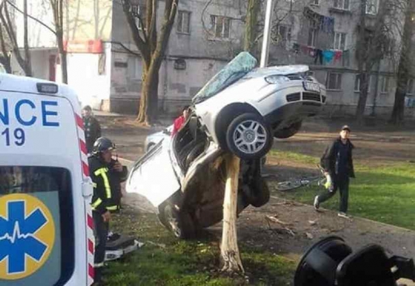 ДТП в Одессе: водитель врезался в дерево и застрял в нем. Фото
