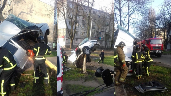 ДТП в Одессе: водитель врезался в дерево и застрял в нем. Фото