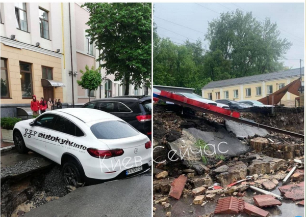 Злива у Києві: провалений асфальт та затримки руху транспорту