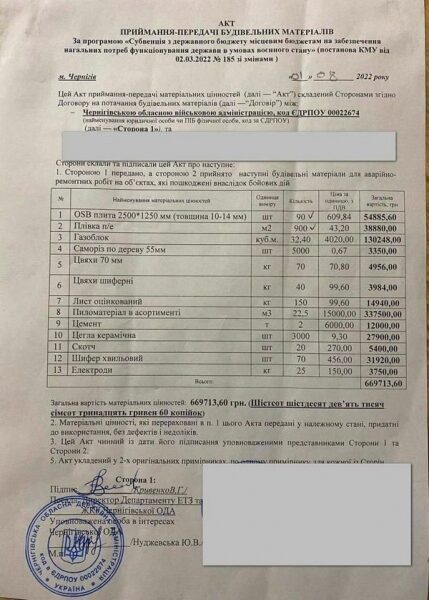 Волонтер звинуватив чиновників Чернігівської ОВА в закупках будматеріалів для постраждалих від війни за цінами втричі вище ринкових